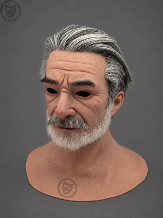 full head silicone mask right side profile with silver hair