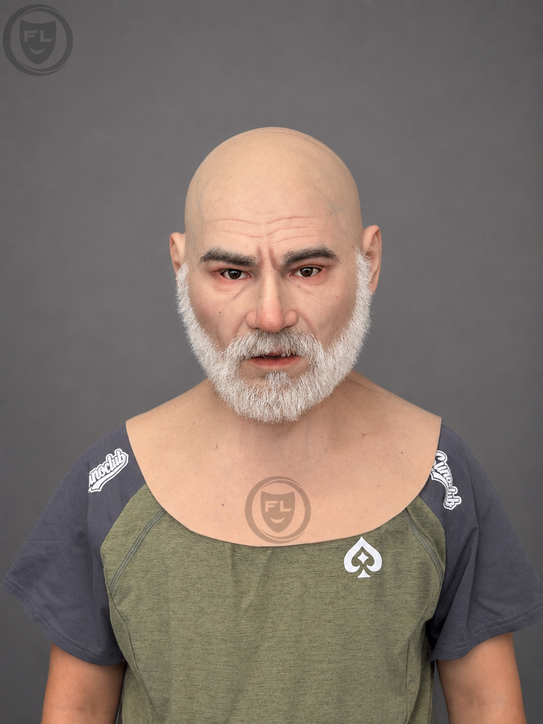 old bald male silicone mask with white beard worn front view