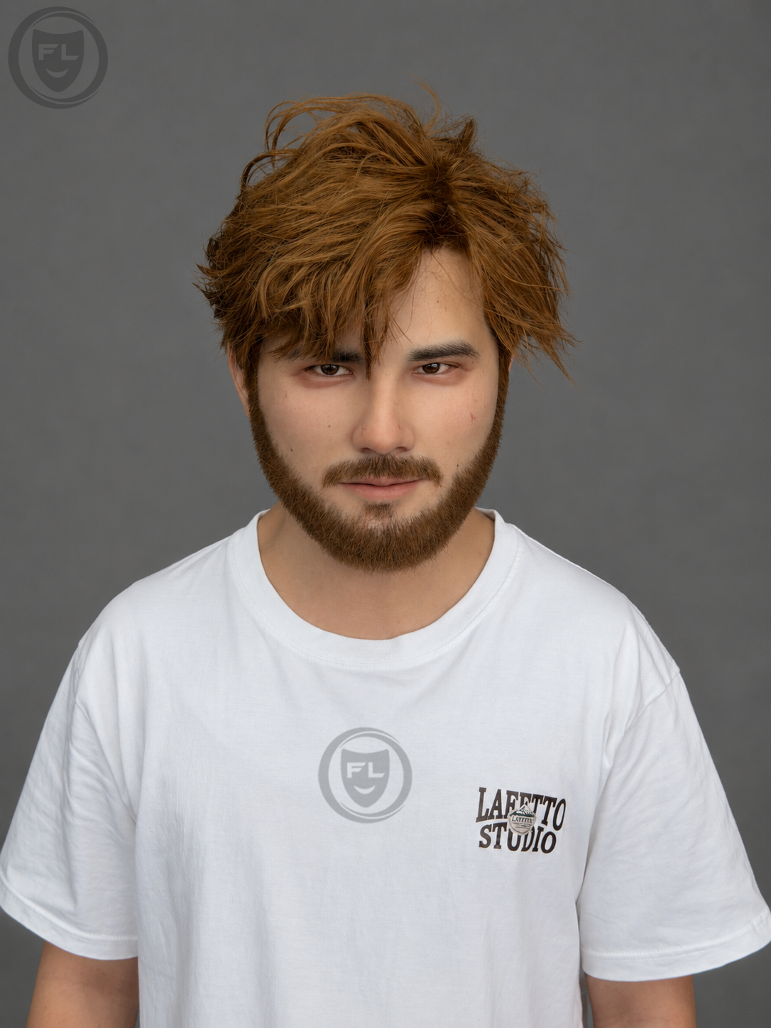 young male film production mask worn front view