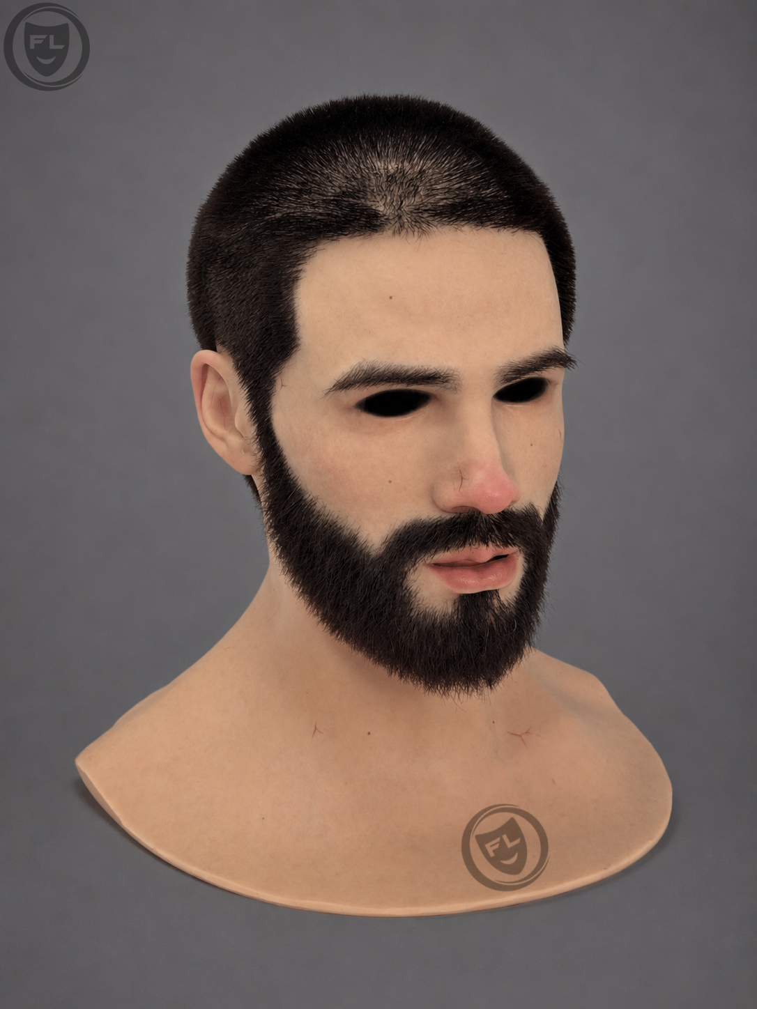 bearded male movie prop mask left side profile
