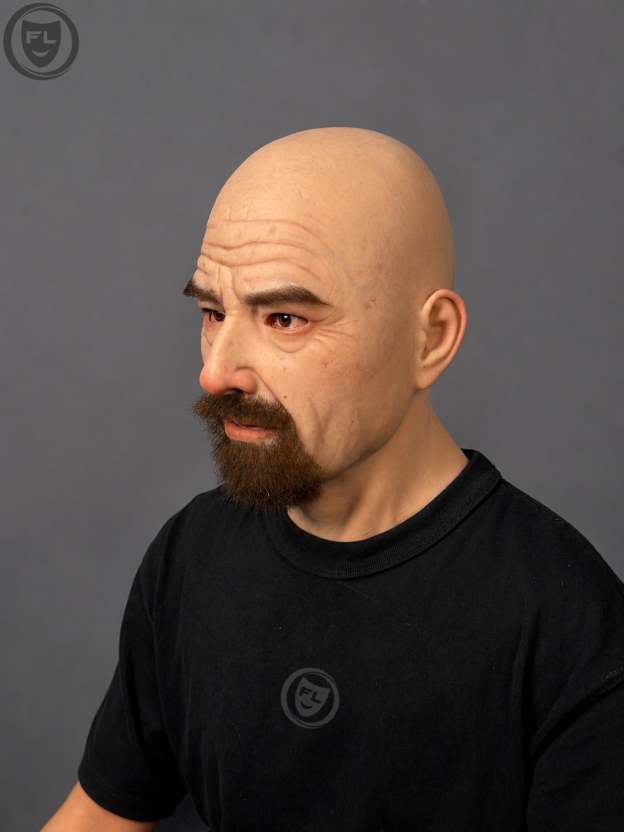 bald bearded silicone mask three quarter side view