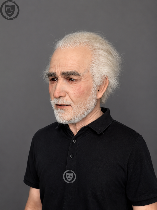 white beard elderly silicone mask three quarter side view