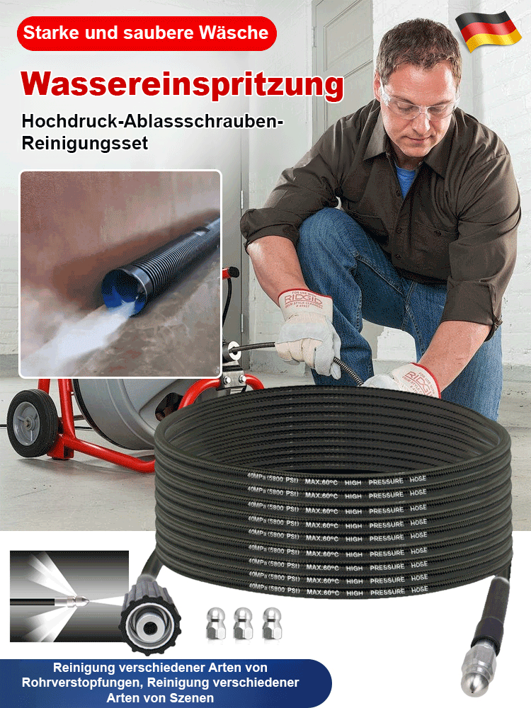【Blitzsaubere Rohre】 „Wasser-Ratte“ Hochdruck-Rohreinigungs-Set! ✈️Der starke Rückstrahl-Effekt treibt die Düse tief in das Abflussrohr – wie eine Ratte frisst sie sich durch hartnäckiges Fett und Ablagerungen🌟