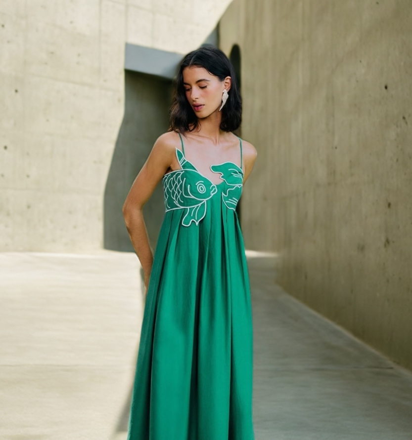 Fish Top Linen Blend Maxi Dress-Mesadic