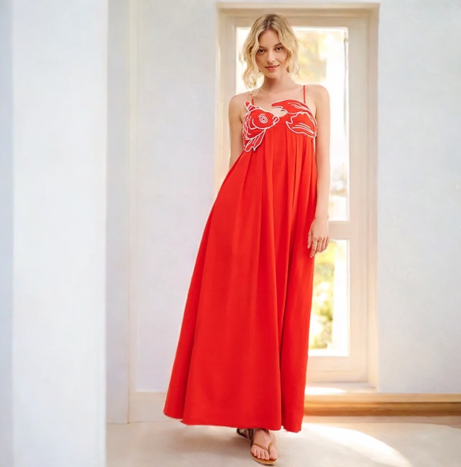 Fish Top Linen Blend Maxi Dress-Mesadic