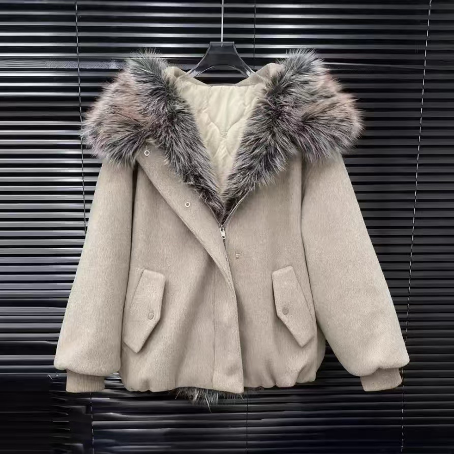 Beige faux fur trim hooded jacket