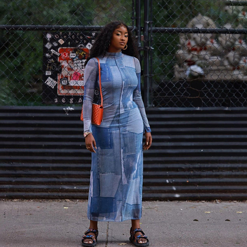 Distressed Denim Print Maxi Dress-CALLISTARI