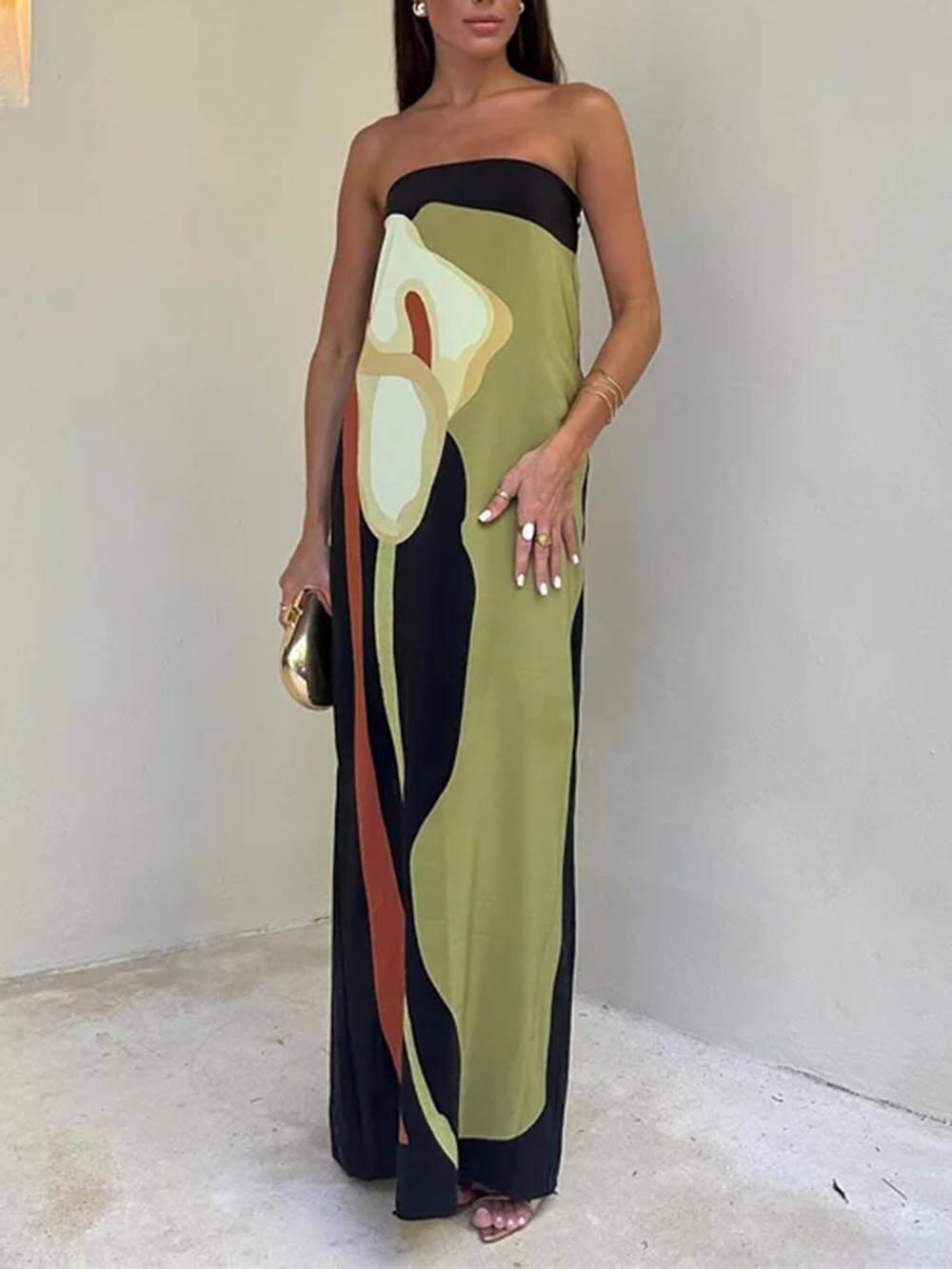 Fashion Contrast Sleeveless Off Shoulder Printed Maxi Dress-CALLISTARI
