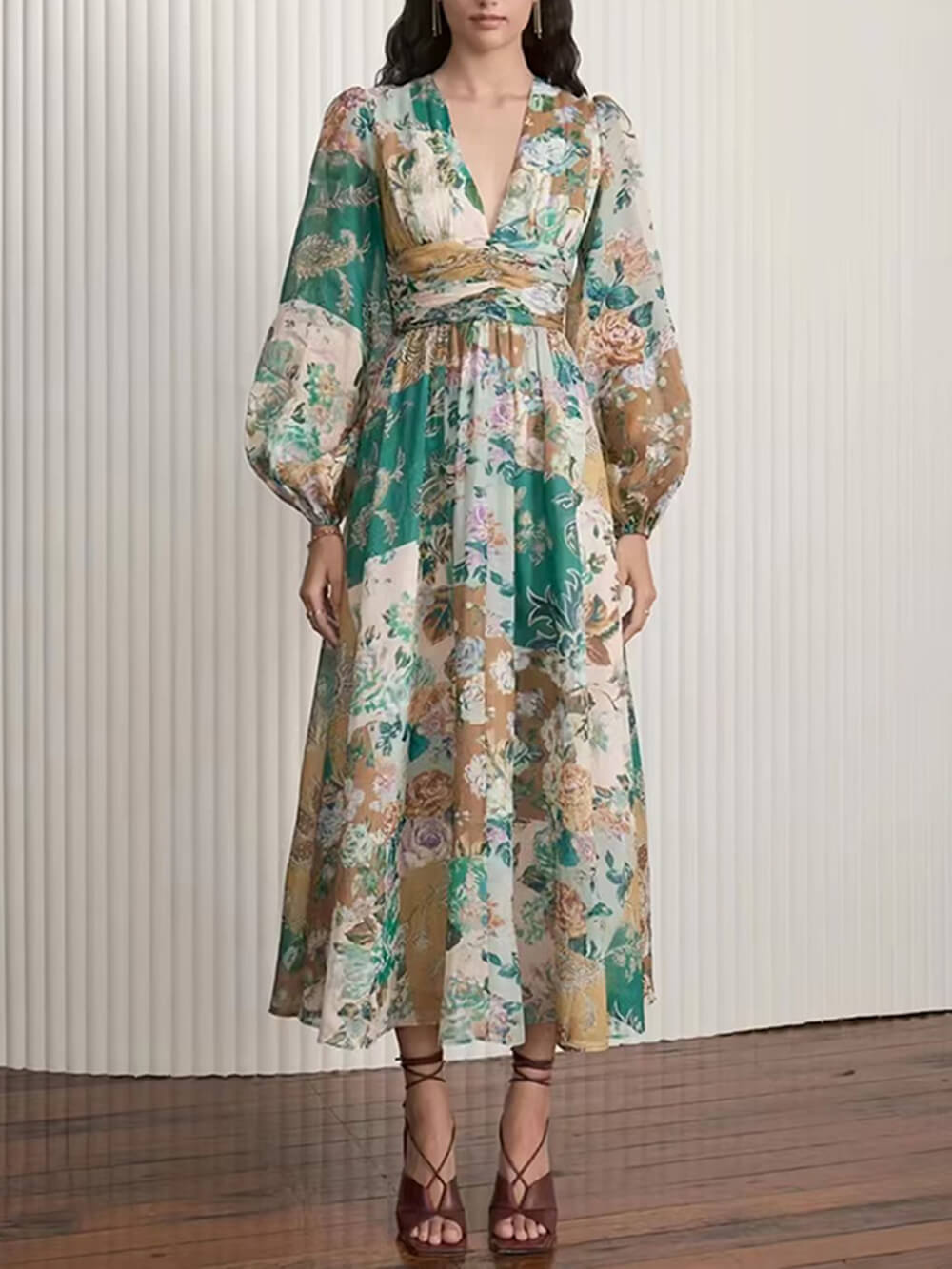 Hand-Painted Printed V-Neck Waist Midi Dress-CALLISTARI