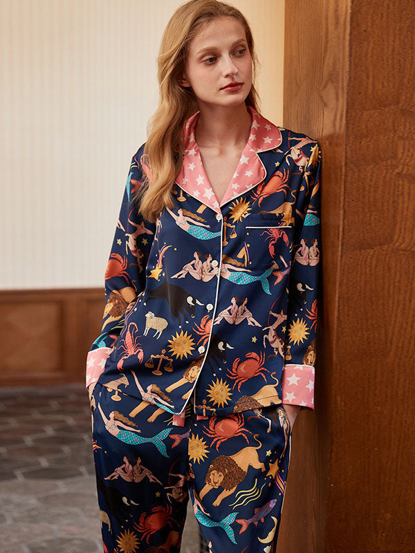 Blue Constellation Long Sleeve Pajama Set-Mesadic