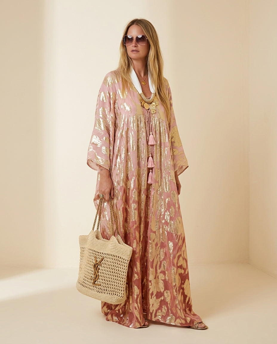 Pink Bloom Resort Printed Maxi Dress Pink Maxi Dress with Relaxed Fit silhouette and Textured texture, front view product image for Resort Wear, a London dinner reservation, Euro Chic Premium by Mesadic