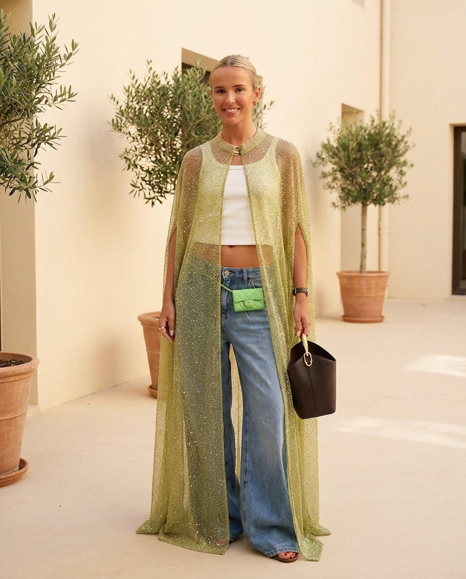 Light Green Poise Summer Sheer Jacket Light Green Jacket with Relaxed Fit silhouette and Textured texture, front view product image for Office Edit, Sunset in Malibu, US Coastal Glam by Mesadic