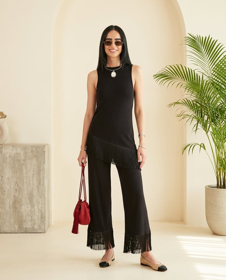 Black Grace Resort Fringe Pant Set Black Pant Set with Asymmetric silhouette and Ribbed Knit texture, front view product image for Resort Wear, Brunch in SoHo, US Coastal Glam by rumoved