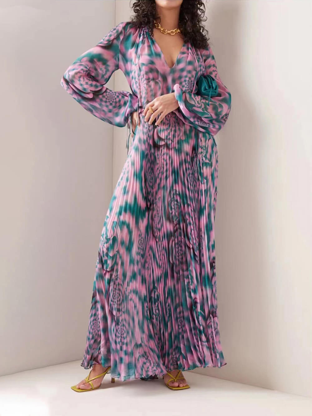 Millie Printed Plisse Drawstring Chiffon Maxi Dress-CALLISTARI