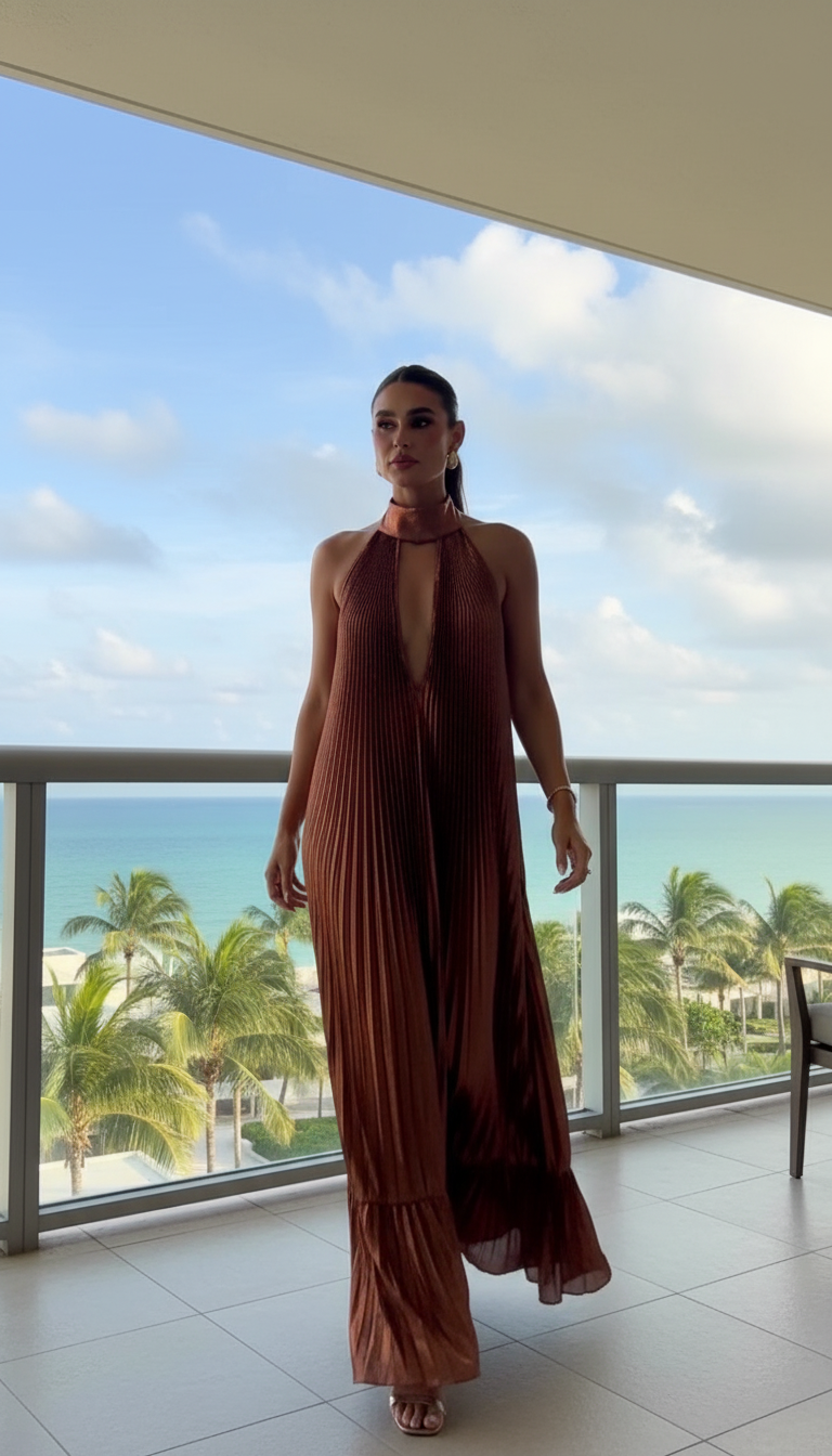 Copper Halter Pleated Satin Maxi Dress product image 1