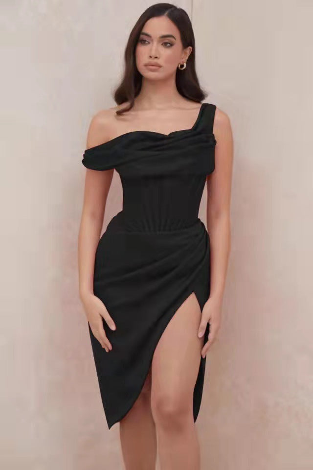 Isla Asymmetric Shoulder Stitch Slit Midi Dress-CALLISTARI