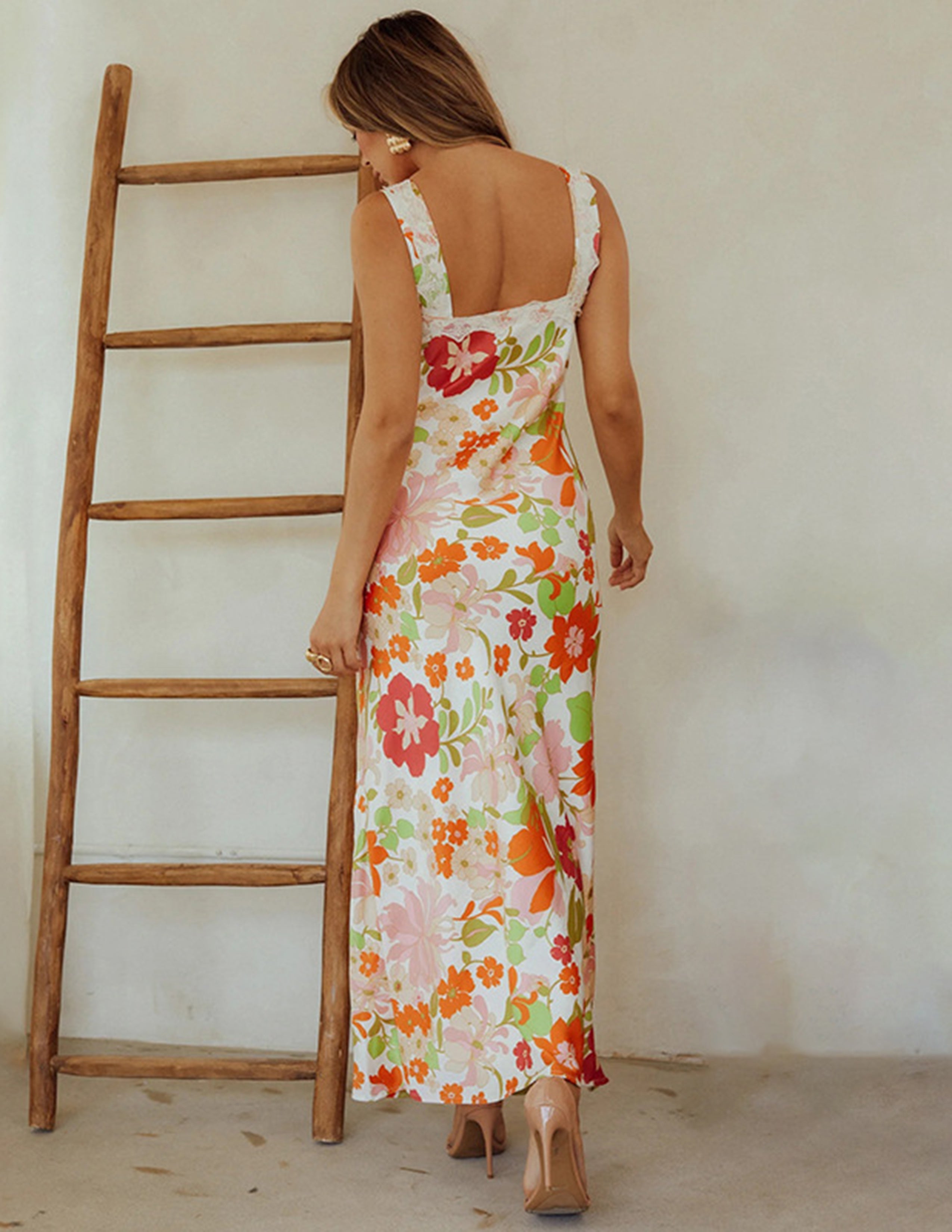 V-neck Slip Floral Print Satin Maxi Dress-CALLISTARI