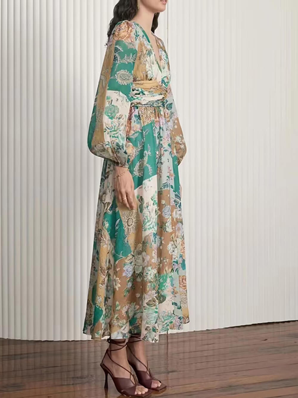 Hand-Painted Printed V-Neck Waist Midi Dress-CALLISTARI