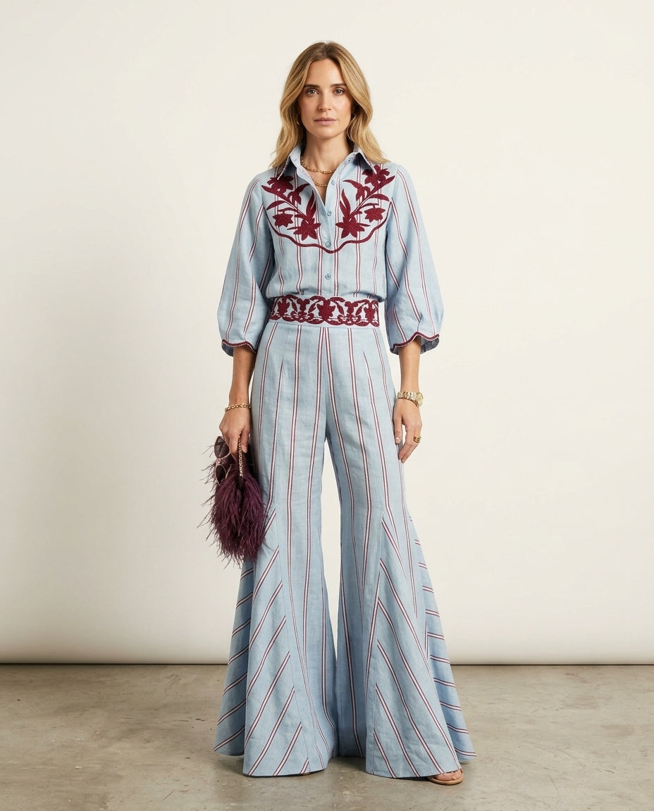 Light Blue Reverie Resort Embroidered Pant Set Light Blue Pant Set with Wide-Leg silhouette and Linen Blend texture, clean studio product view for Resort Wear, Evening in Amalfi, Euro Chic Premium by Mesadic