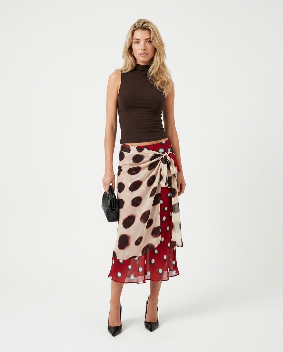 Brown Muse Polka Dot Two-Piece Set Brown Two-Piece Set with Asymmetric silhouette and Textured texture, clean studio product view for Vacation Set, Sunset in Malibu, US Coastal Glam by rumoved