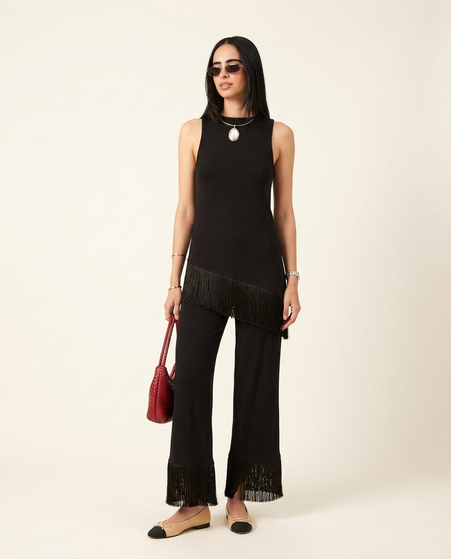 Black Grace Resort Fringe Pant Set Black Pant Set with Asymmetric silhouette and Ribbed Knit texture, clean studio product view for Resort Wear, Brunch in SoHo, US Coastal Glam by rumoved