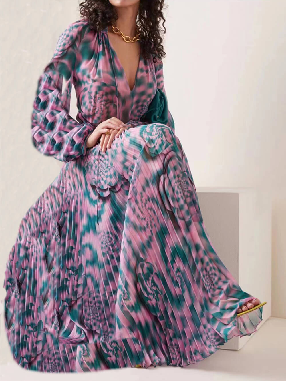 Millie Printed Plisse Drawstring Chiffon Maxi Dress-CALLISTARI