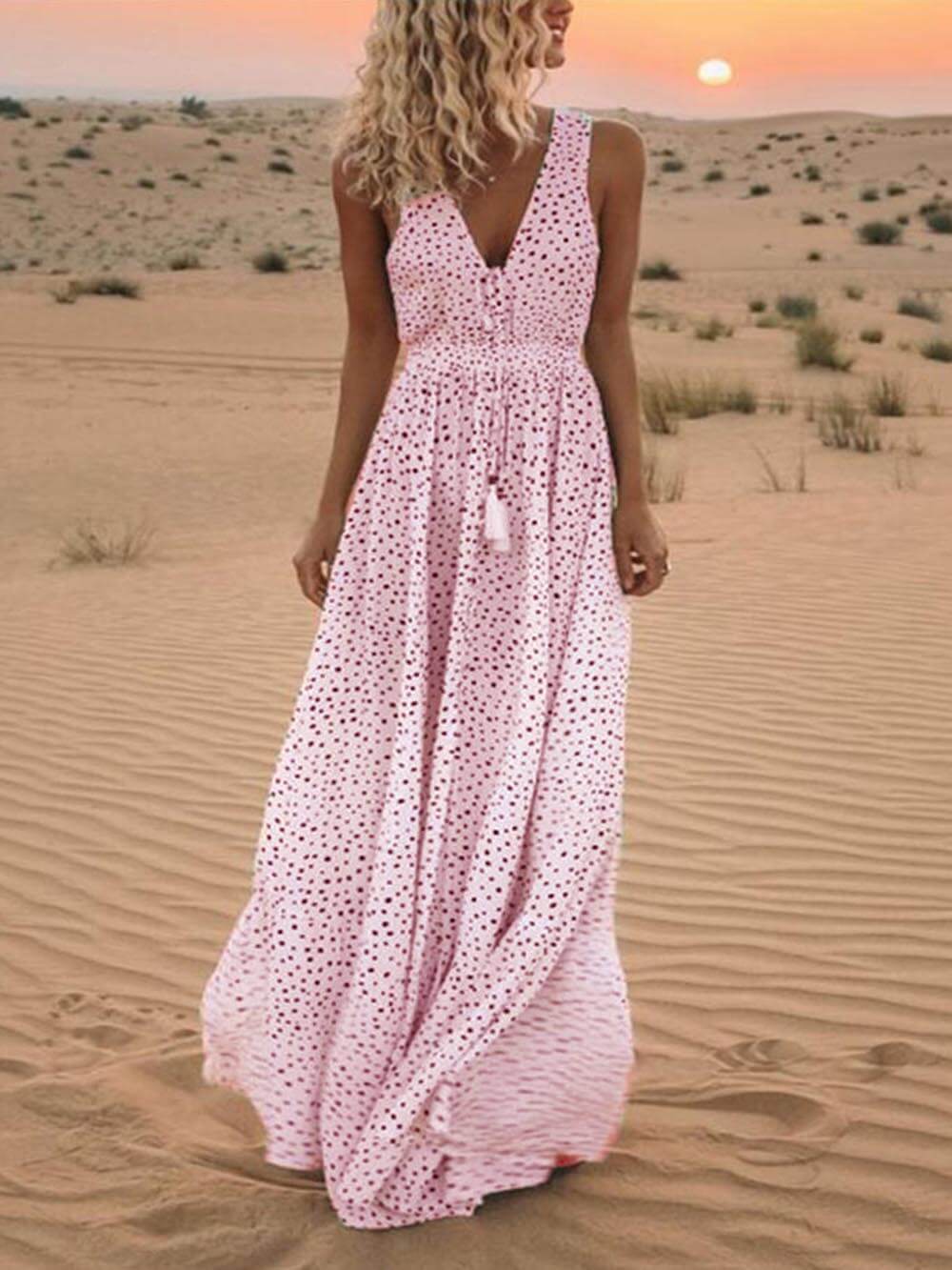Bohemian V-Neck Sleeveless Polka-Dot Maxi Dress-CALLISTARI