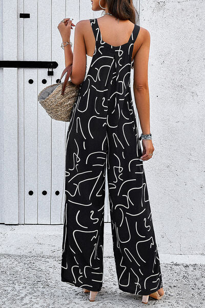 Printed Wide Strap Jumpsuit with Pockets-CALLISTARI
