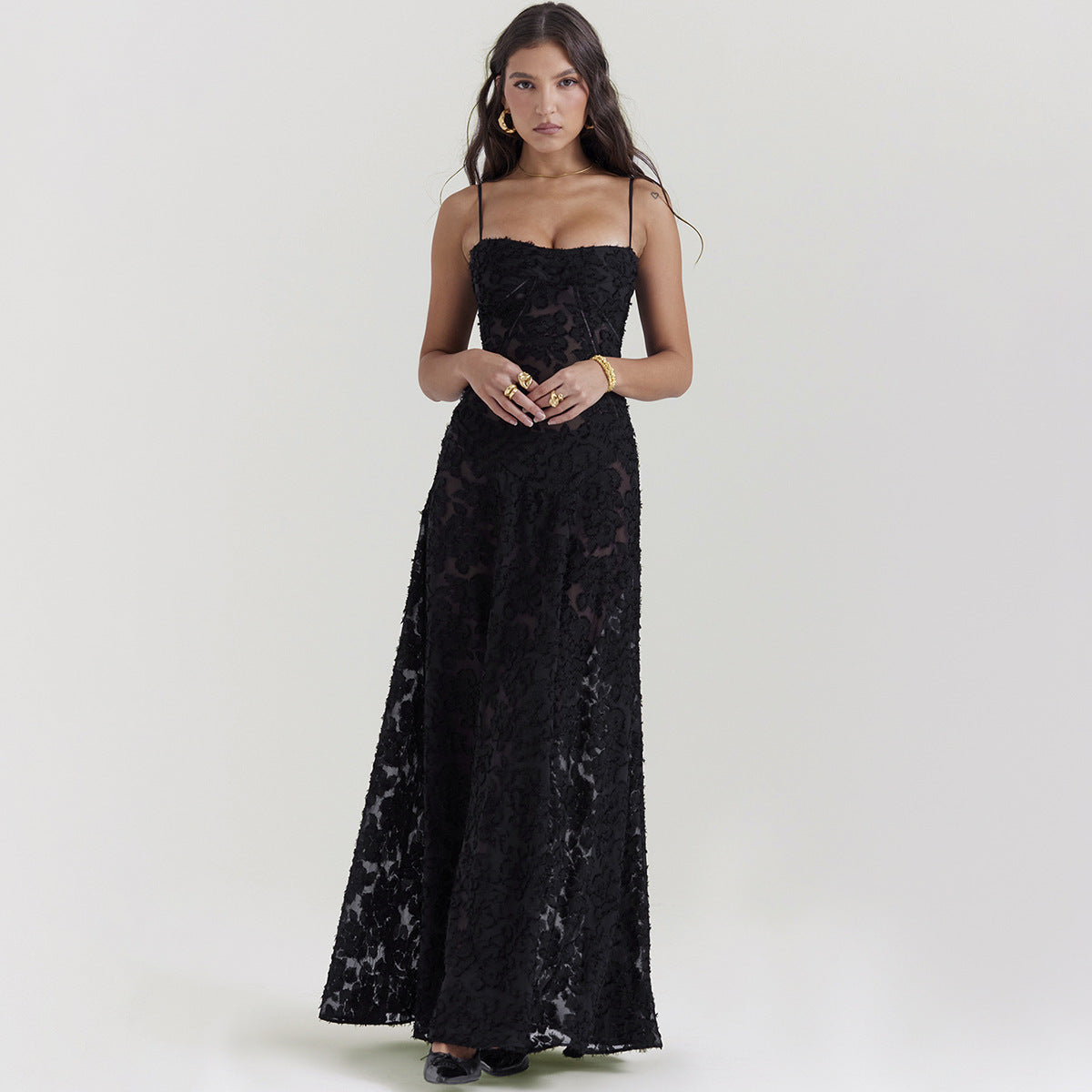 Jessie Floral Jacquard Lace Gothic Party Flowy Slip Maxi Dresses-Black-CALLISTARI