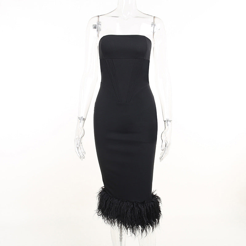 FRENCH STYLE FEATHER COCKTAIL STRAPLESS CORSET MIDI DRESS - BLACK-CALLISTARI