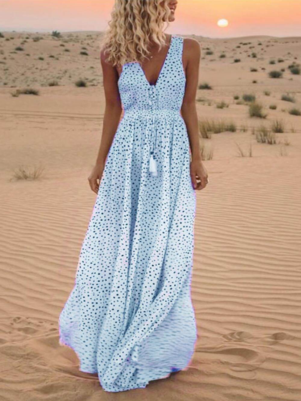 Bohemian V-Neck Sleeveless Polka-Dot Maxi Dress-CALLISTARI
