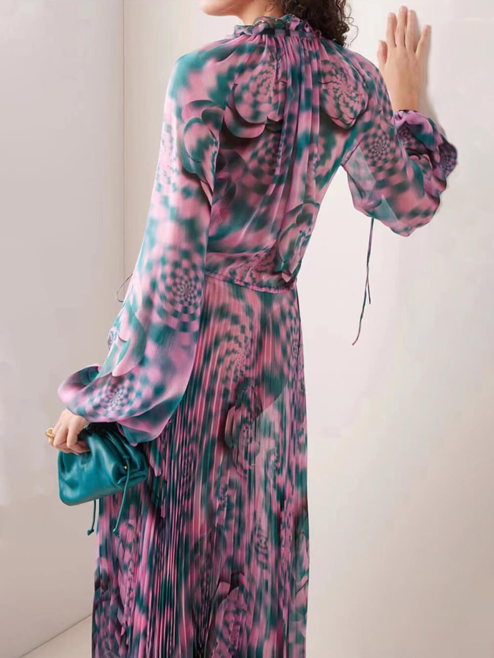 Millie Printed Plisse Drawstring Chiffon Maxi Dress-CALLISTARI