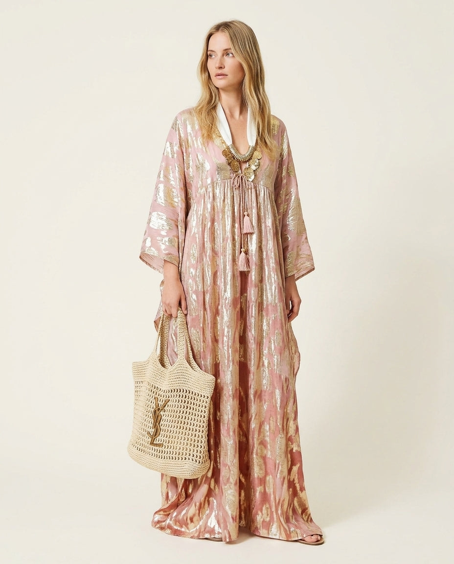 Pink Bloom Resort Printed Maxi Dress Pink Maxi Dress with Relaxed Fit silhouette and Textured texture, side or back garment view for Resort Wear, a London dinner reservation, Euro Chic Premium by Mesadic