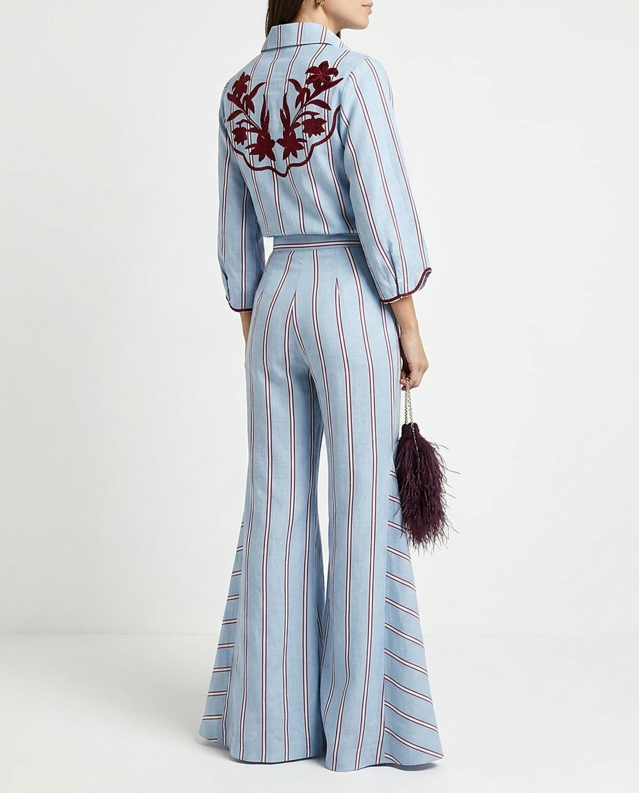 Light Blue Reverie Resort Embroidered Pant Set Light Blue Pant Set with Wide-Leg silhouette and Linen Blend texture, side or back garment view for Resort Wear, Evening in Amalfi, Euro Chic Premium by Mesadic
