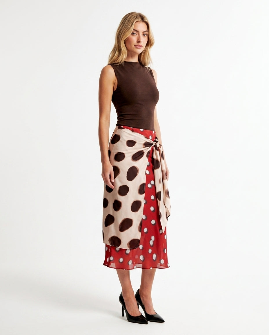 Brown Muse Polka Dot Two-Piece Set Brown Two-Piece Set with Asymmetric silhouette and Textured texture, side or back garment view for Vacation Set, Sunset in Malibu, US Coastal Glam by rumoved