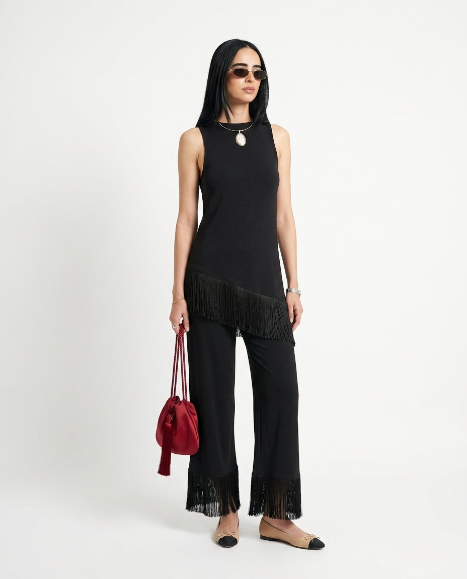 Black Grace Resort Fringe Pant Set Black Pant Set with Asymmetric silhouette and Ribbed Knit texture, side or back garment view for Resort Wear, Brunch in SoHo, US Coastal Glam by rumoved
