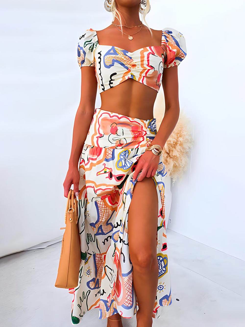 Summer Printed Top And Wrap Skirts Set-Mesadic