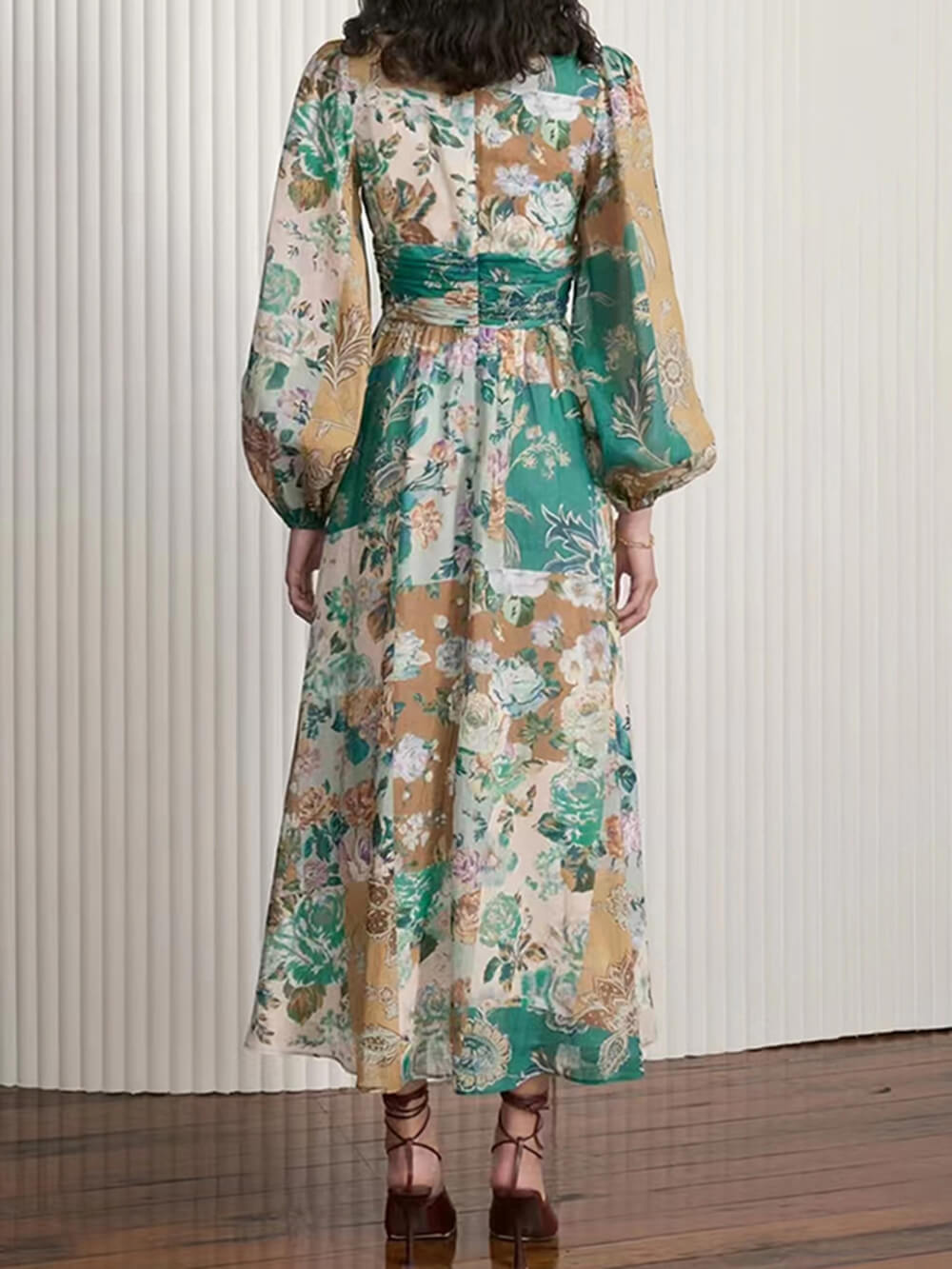 Hand-Painted Printed V-Neck Waist Midi Dress-CALLISTARI
