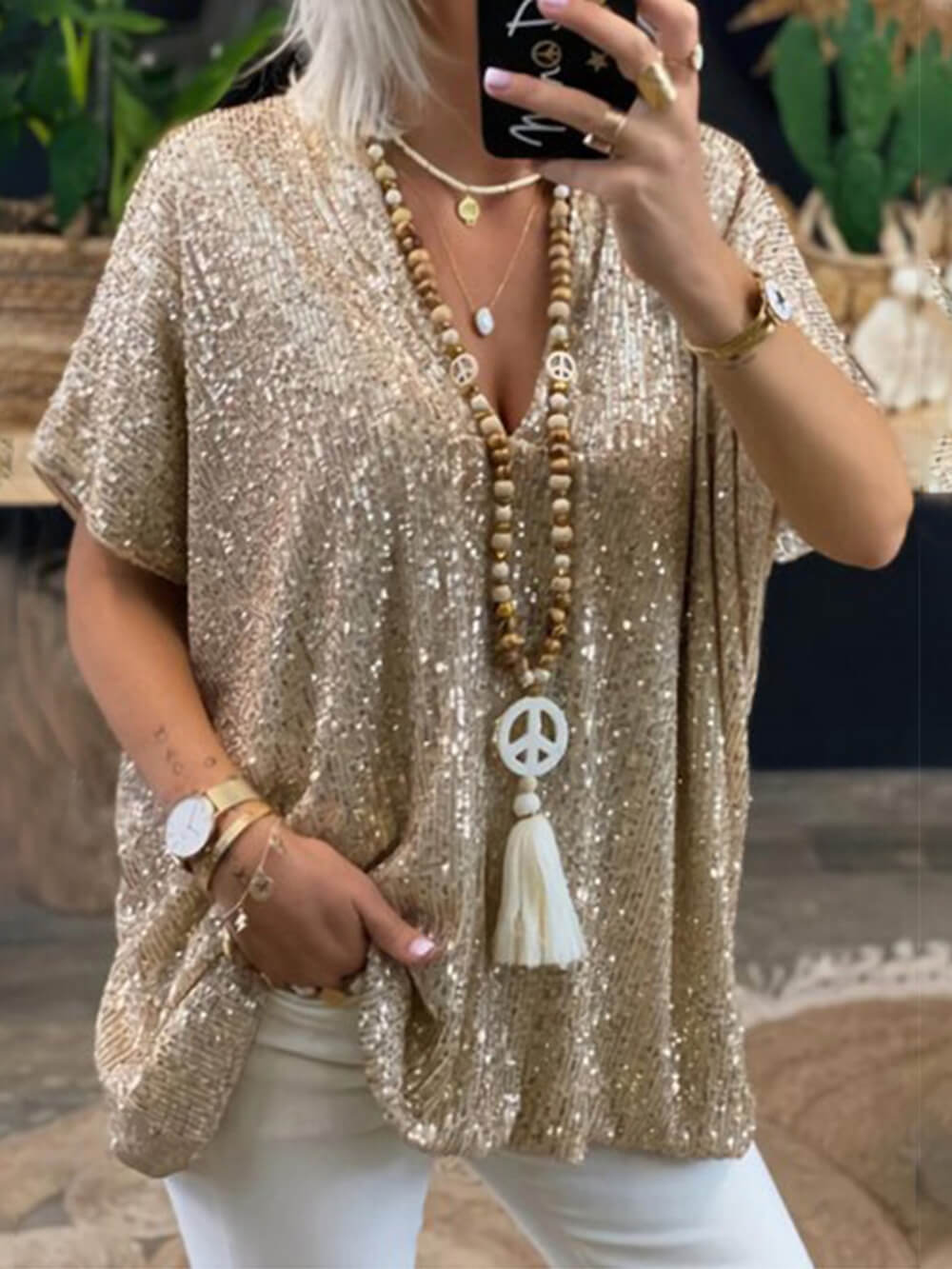Bohemian Casual Loose Pullover Short Sleeve Sequin V-Neck Top-CALLISTARI