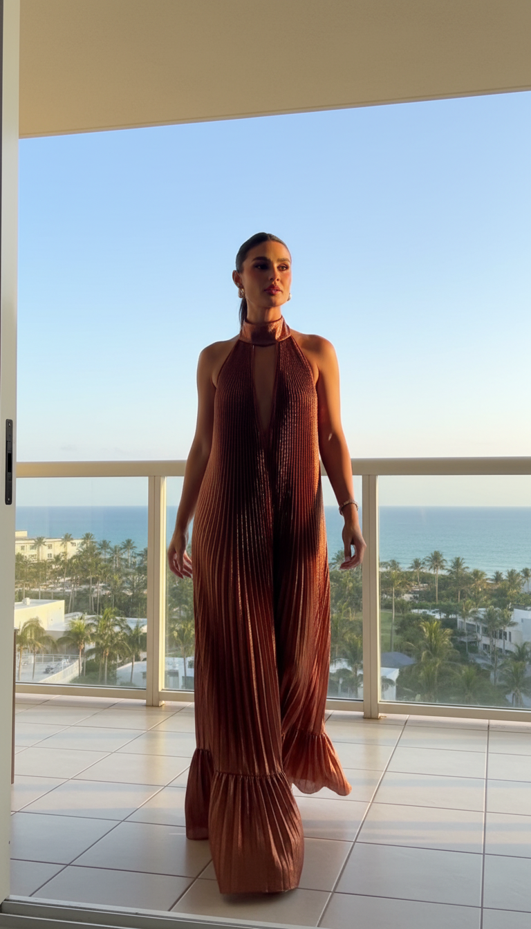 Copper Halter Pleated Satin Maxi Dress product image 3
