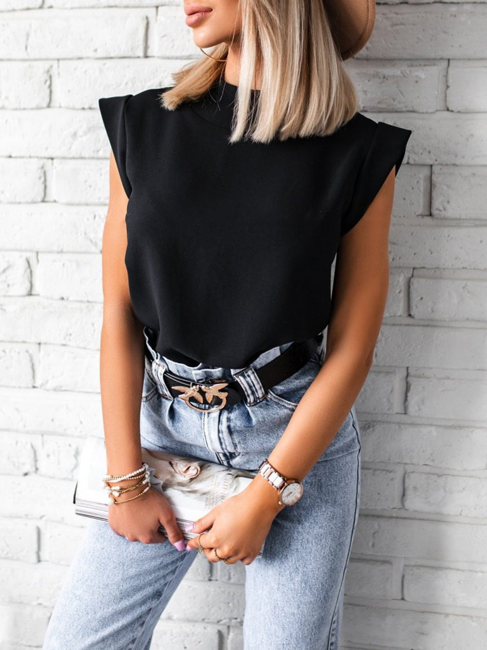 Textured Mock-Neck Cap-Sleeve Top-CALLISTARI
