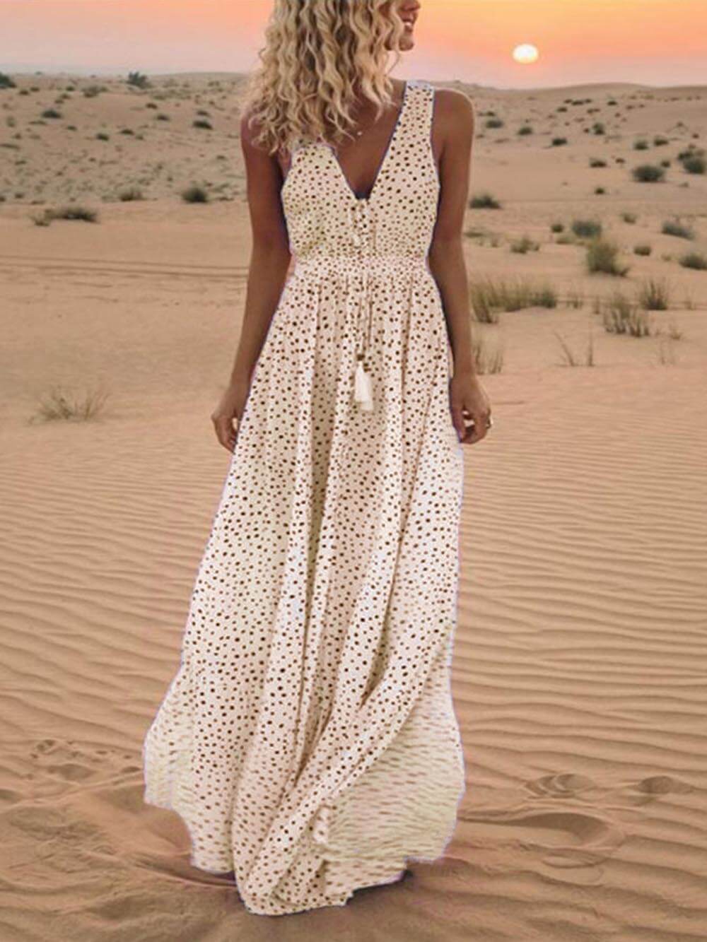 Bohemian V-Neck Sleeveless Polka-Dot Maxi Dress-CALLISTARI