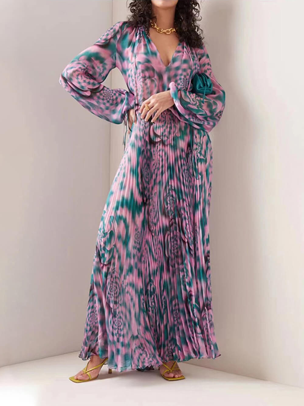 Millie Printed Plisse Drawstring Chiffon Maxi Dress-CALLISTARI