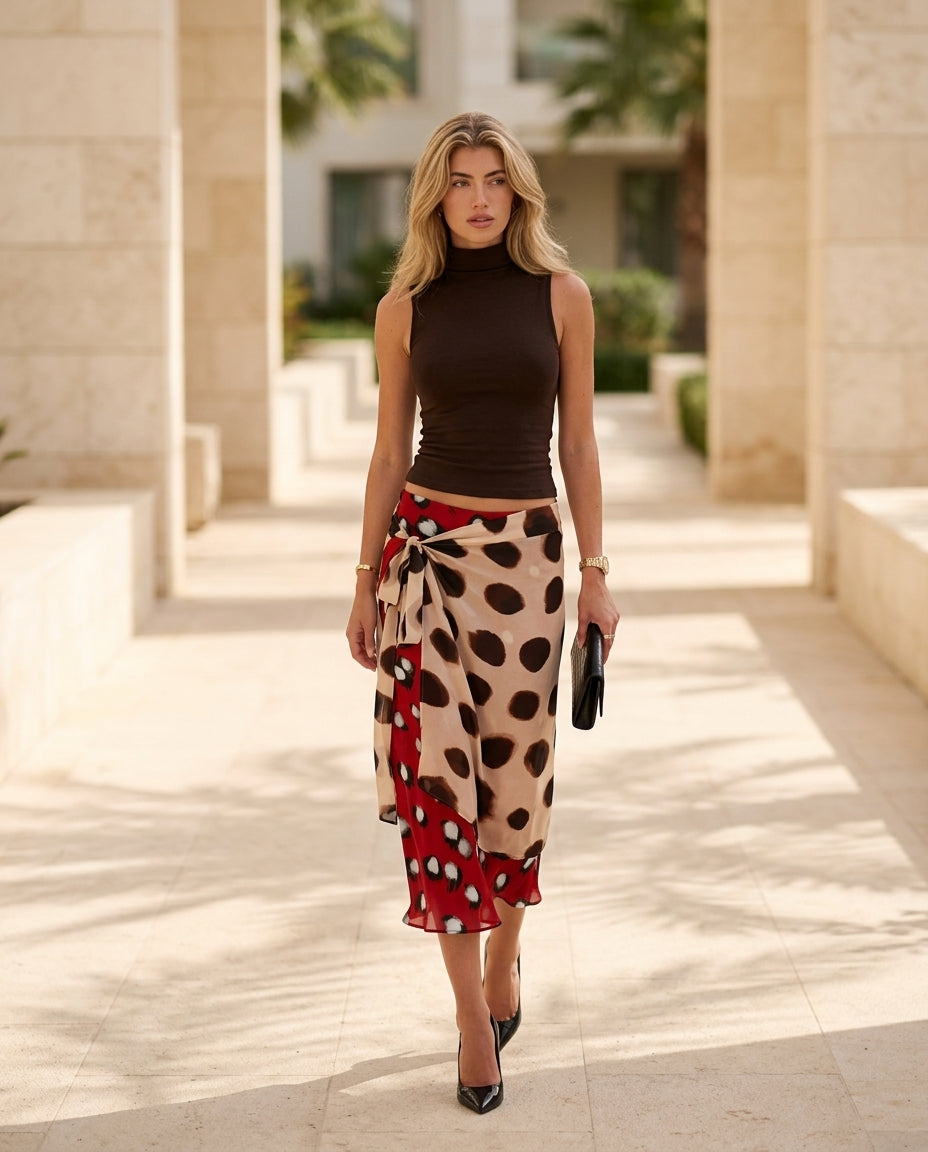 Brown Muse Polka Dot Two-Piece Set Brown Two-Piece Set with Asymmetric silhouette and Textured texture, lifestyle scene image for Vacation Set, Sunset in Malibu, US Coastal Glam by rumoved