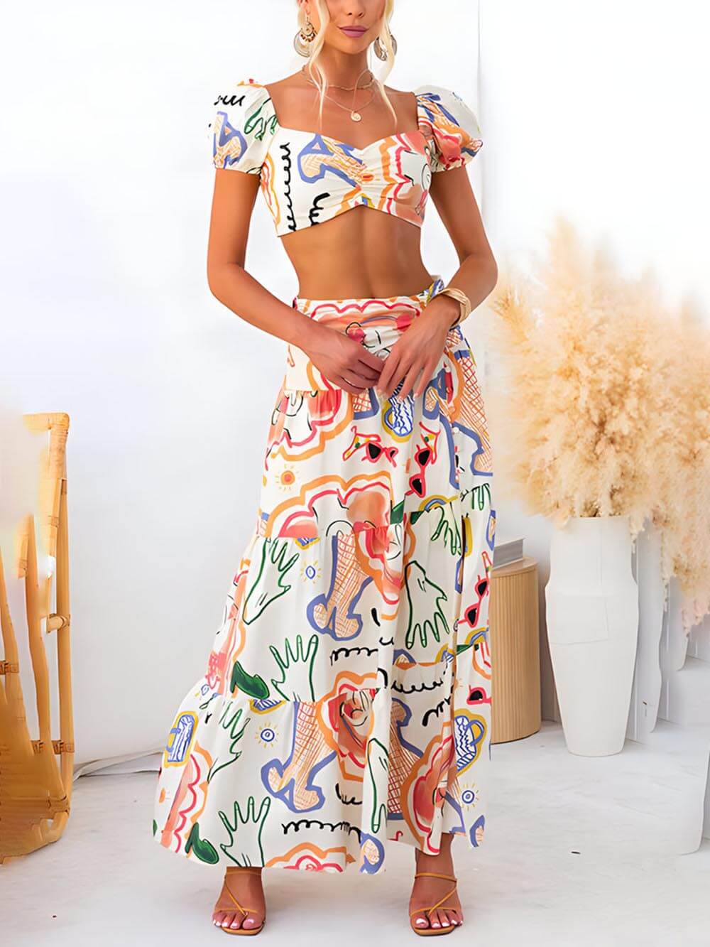 Summer Printed Top And Wrap Skirts Set-Mesadic