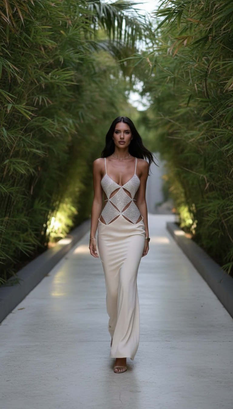 Beige V-Neck Satin Cut-Out Design Maxi Dress product image 4