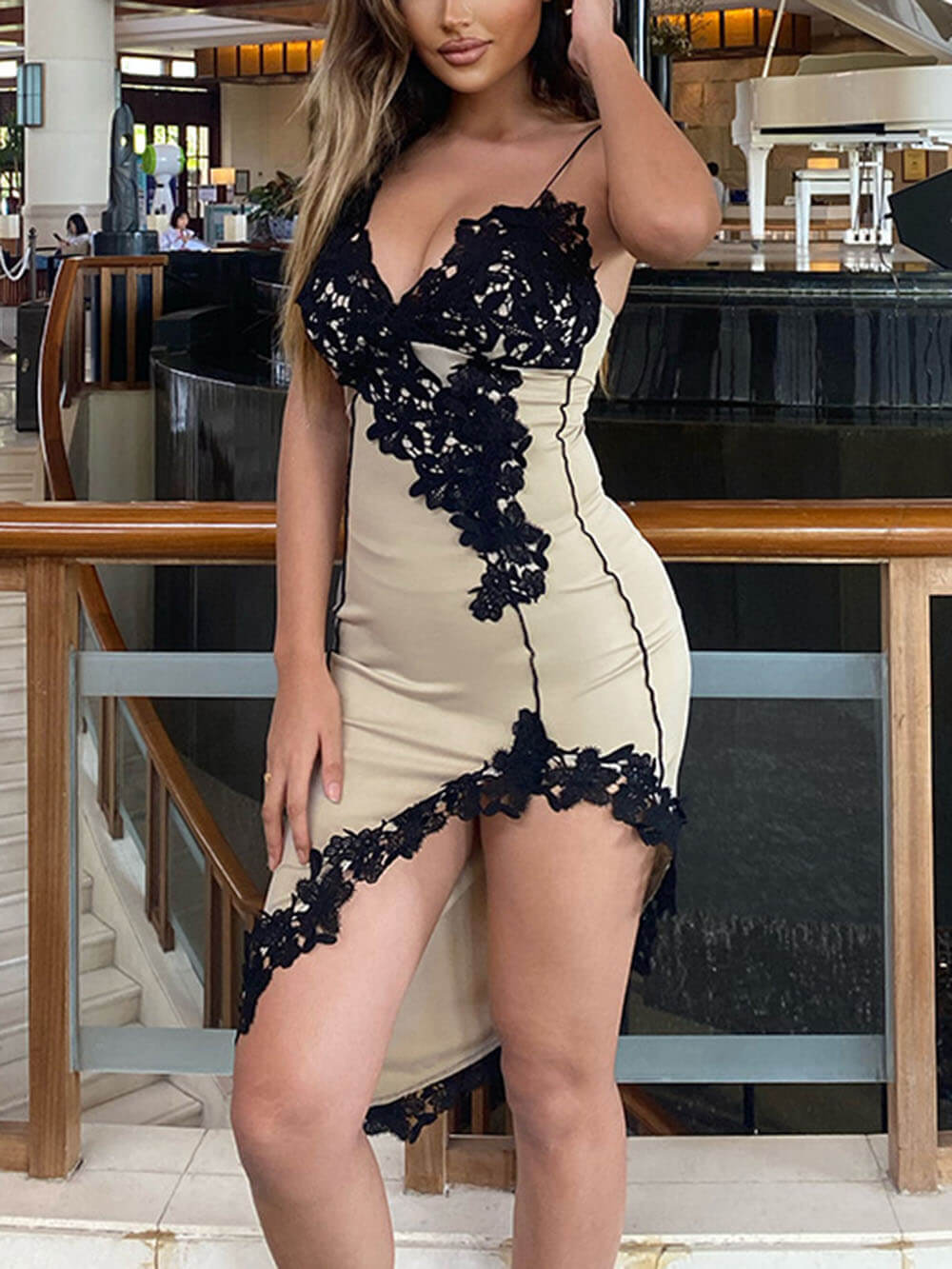 V Strap Lace Hip-Hugging Short Dress-CALLISTARI