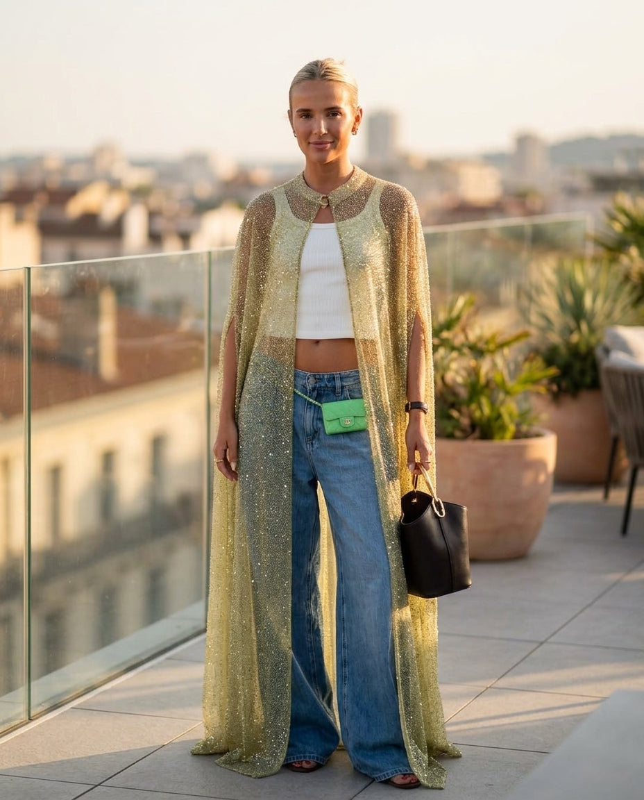 Light Green Poise Summer Sheer Jacket Light Green Jacket with Relaxed Fit silhouette and Textured texture, outdoor styling image for Office Edit, Sunset in Malibu, US Coastal Glam by Mesadic