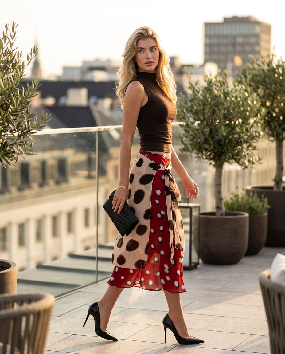 Brown Muse Polka Dot Two-Piece Set Brown Two-Piece Set with Asymmetric silhouette and Textured texture, outdoor styling image for Vacation Set, Sunset in Malibu, US Coastal Glam by rumoved