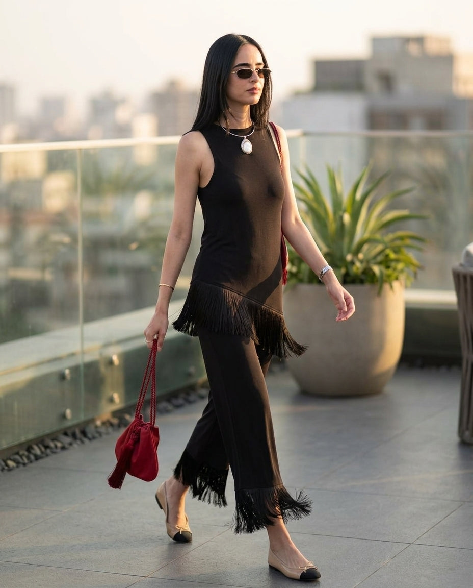 Black Grace Resort Fringe Pant Set Black Pant Set with Asymmetric silhouette and Ribbed Knit texture, outdoor styling image for Resort Wear, Brunch in SoHo, US Coastal Glam by rumoved